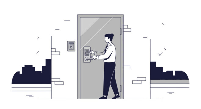Businesswoman entering secure building with keypad entry system