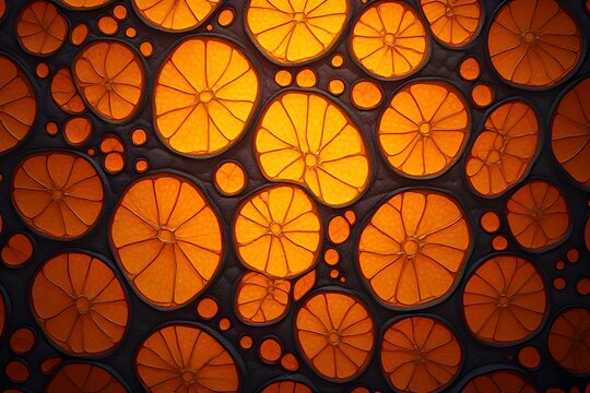 Abstract Dehydrated Citrus Peel Macro Cell Structure, Warm Orange Amber Dried Fruit Membrane Texture Background