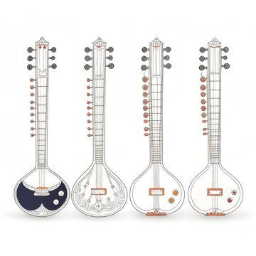 Four sitars isolated on white background, a plucked stringed instrument