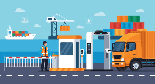 Cargo truck at port security checkpoint with ship and crane
