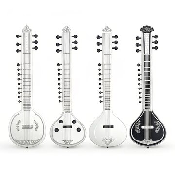 Four sitars isolated on white background, a plucked stringed instrument