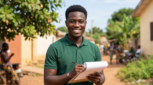 smiling young man holding a clipboard outdoors in a rural neighborhood, concept of community engagement