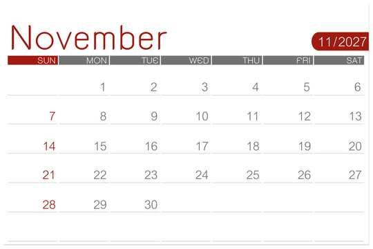 November 2027 calendar page isolated on white background, Save clipping path.
