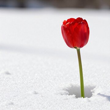 A single tulip on fresh snowfield