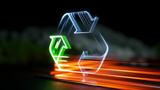 Glowing neon recycle symbol on a dark background. Powerful environmental concept representing sustainability, renewable resources, circular economy, and global eco-conscious innovation.