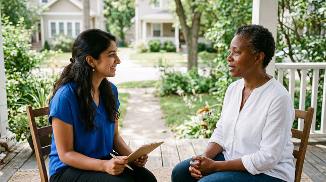 young counselor discussing with mature woman on porch in residential neighborhood concept of social support