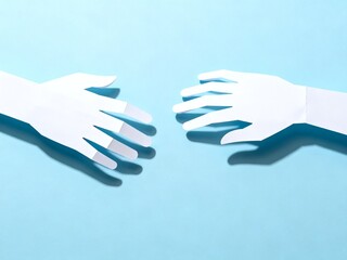 Fototapeta premium Paper Hands Reaching Against Blue Background