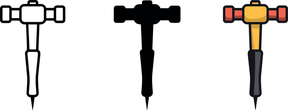 Geologist hammer vector icon set featuring outline silhouette and bricklayer chipping rock pick hand tool designs