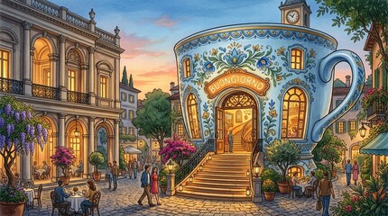 Obraz premium Whimsical teacup building in a charming European-style town square at sunset