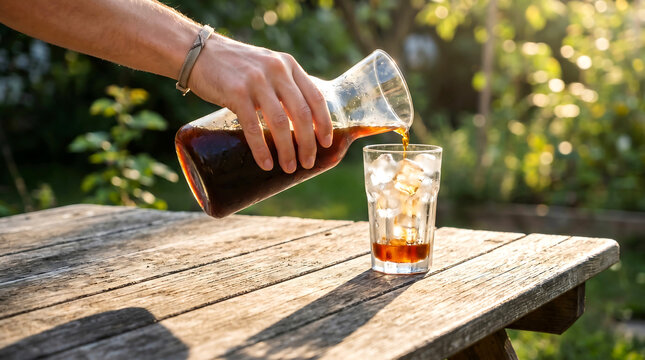 Person pouring cold brew coffee into glass with ice cubes on wooden table outdoors