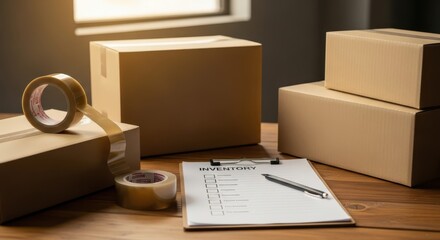 Fototapeta premium Cardboard shipping boxes, packing tape, and inventory list with pen on a wooden surface, ready for shipment