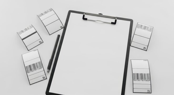 Clipboard with Blank Paper, Pencil, and Barcode Labels for Inventory Management and Order Fulfillment