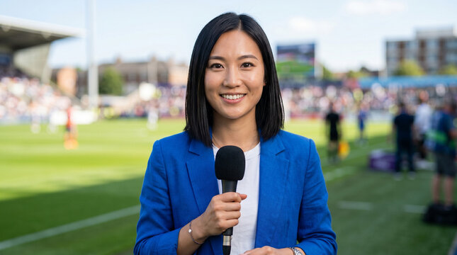 asian female reporter covering live sports event at outdoor stadium on sunny day