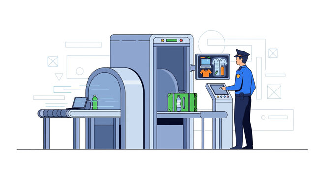 Airport Security Checkpoint: Officer and X-ray Scanner with Luggage