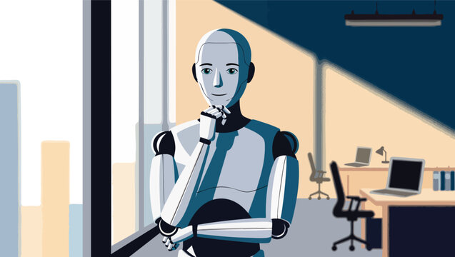 Thoughtful humanoid robot standing in modern office with city view contemplating future.