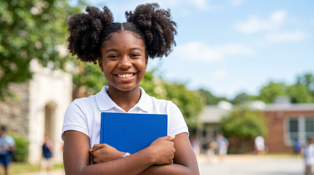 smiling young student with blue notebook standing outdoors on sunny day, concept of education