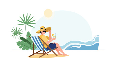 Fototapeta premium Relaxing beach vacation: person in deck chair with cocktail, tropical leaves, ocean waves, sunny day