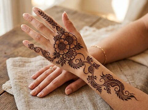 Henna tattoo design on a woman's hand for beauty and wedding
