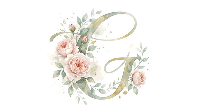Watercolor floral letter G with pink roses and green leaves, elegant botanical alphabet monogram, romantic gold script initial for wedding invitations