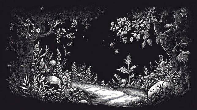 Night forest path, detailed illustration, nature, fantasy, decorative