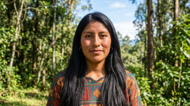 young indigenous woman standing confidently in lush forest background, concept of nature connection