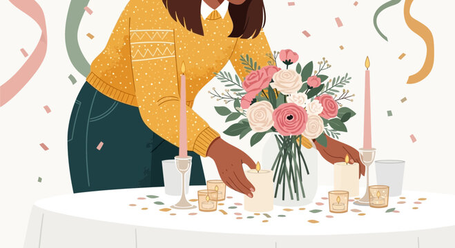 Woman decorating table with flowers and candles for a festive occasion