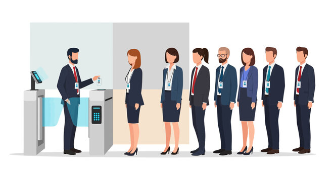 Business people queue at entry gate with security scanner and ID card access
