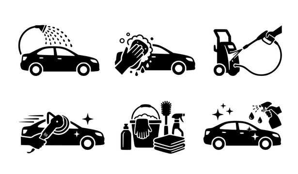 Car wash and detailing silhouette vector set with six automotive service icons