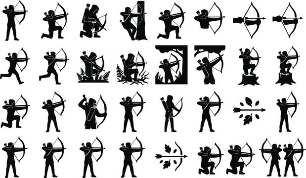 Collection of black vector silhouette icons depicting archers in various poses and actions featuring bows and arrows presented as a professional set on transparent background