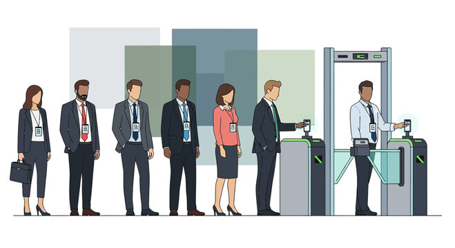 Business people queuing at security checkpoint with access control gates