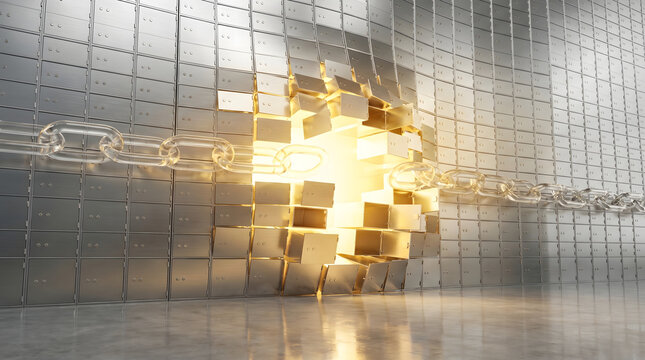 Bank vault security breach and financial hacking concept with 3D illustration of broken safe deposit box wall and snapping glass chain with glowing golden light