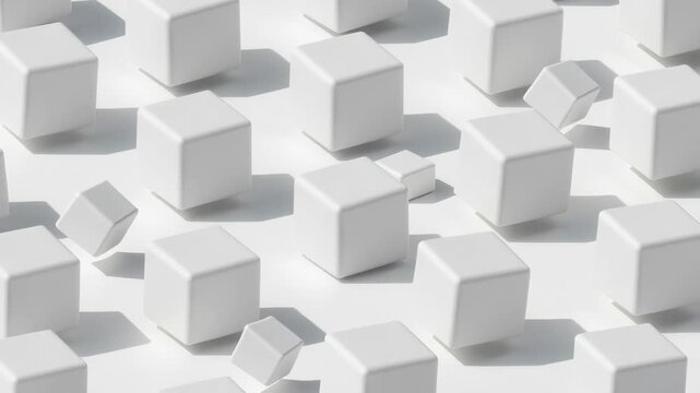 White cubes floating in arranged pattern, minimalist style on light background, concept of geometry and modern abstraction