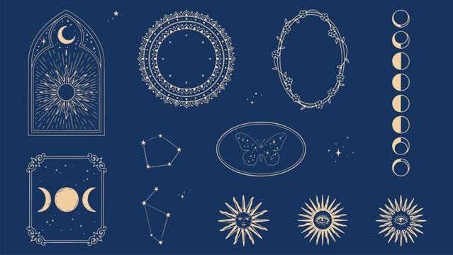 Mystical celestial boho frames featuring moon phases butterflies and magical esoteric symbols vector set