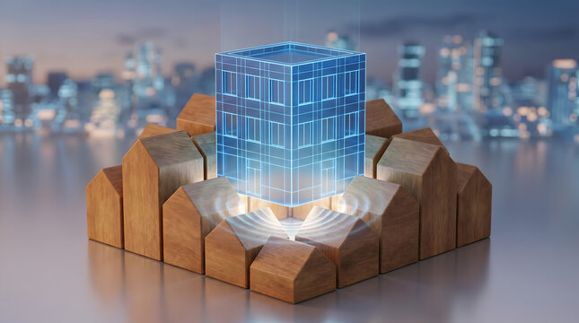 Urban redevelopment and real estate project concept with 3D illustration of a glowing blue wireframe building hologram rising from miniature wooden houses