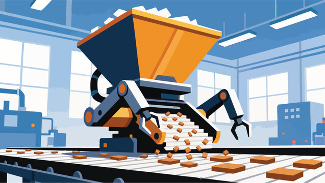 Industrial robot arm feeding small cubes onto a conveyor belt in a factory.