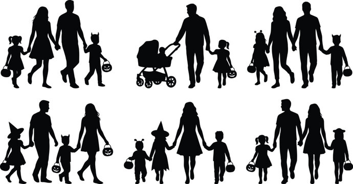 Halloween families trick or treating together