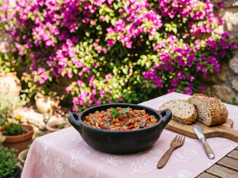 Romanian zacusca in Marginea black clay dish against vibrant pink bougainvillea wall