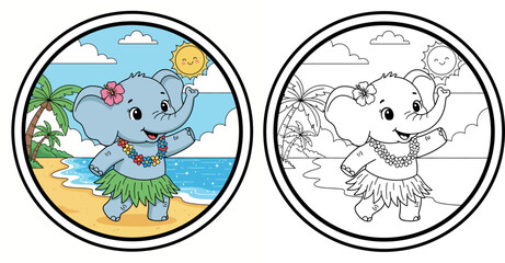 Obraz premium Cute Hula Elephant Dancing on a Tropical Beach – Adorable Round Vector Illustration for Kids Coloring Book