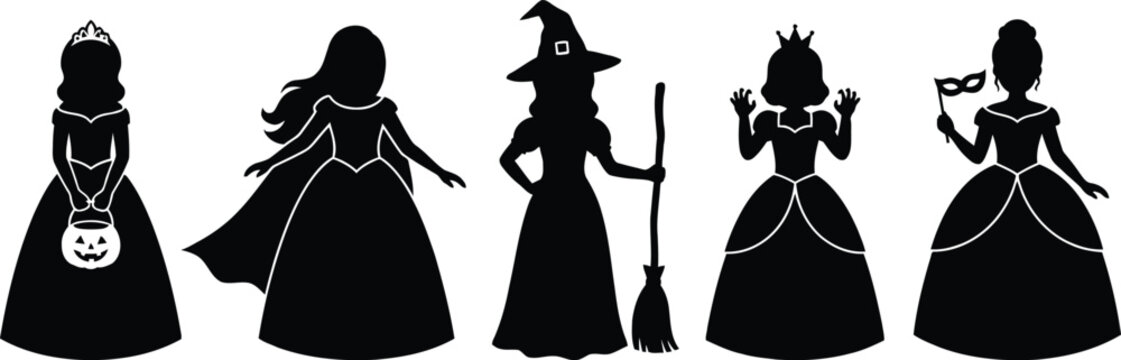 Halloween princesses and witch vector characters