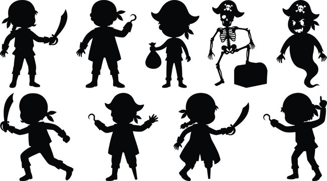 Black pirate and ghost characters set with props