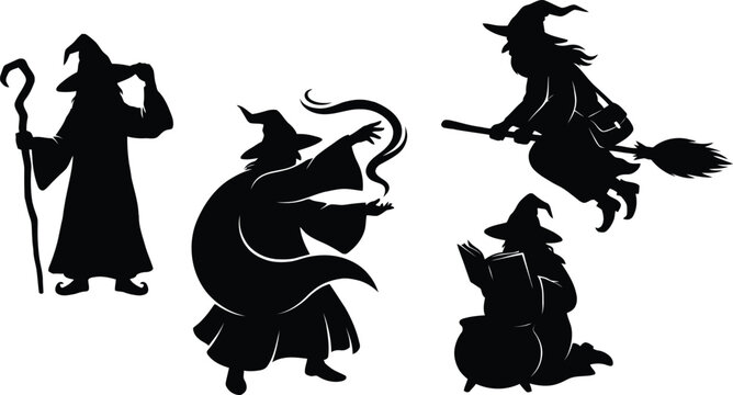 Three witches silhouette vector icons