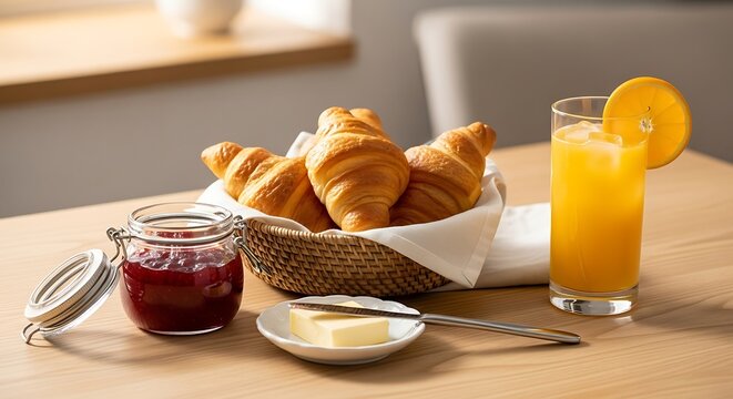 Fresh french croissants in a wicker basket with berry jam and a glass of orange juice on a wooden breakfast table croissant breakfast continental delicious