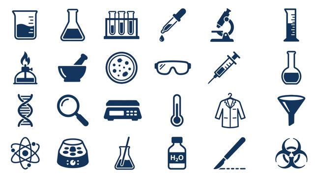 A collection of various science laboratory equipment and tools for research and experiments on a white background with blue icons.