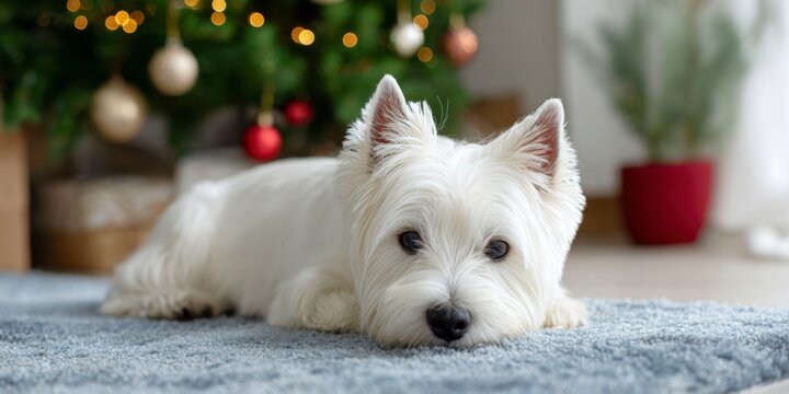 a west highland white terrier dog lying on a carpet in a room decorated for christmas, with a blurred background.