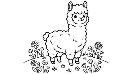 Cute alpaca standing in a meadow with flowers, easy kids coloring page, clean bold black outline illustration, cartoon vector style, minimal detail, pure white background. © hamxo
