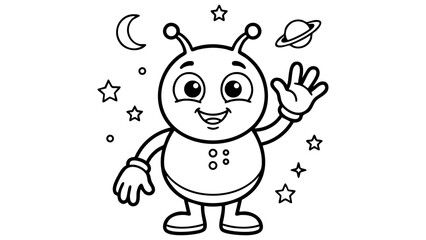 Friendly alien waving in space, cartoon sci-fi coloring page for children, simple line art vector illustration, bold clean outlines, minimal detail, pure white background. © hamxo