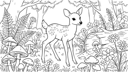 Baby deer standing beside mushrooms and flowers, woodland coloring page design, professional clean line art illustration © hamxo