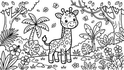 Cute baby giraffe standing near jungle trees and flowers, professional kids coloring page design, clean bold outlines, simple black and white vector illustration, printable coloring book page, minimal © hamxo