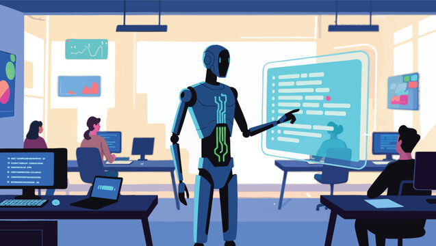 Robot instructor explaining code on a futuristic digital screen robot artificial.