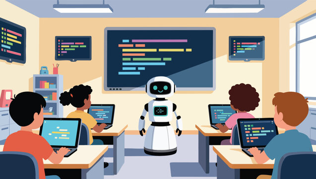 Robot instructor guiding children in a computer coding with laptops robot instructor coding.